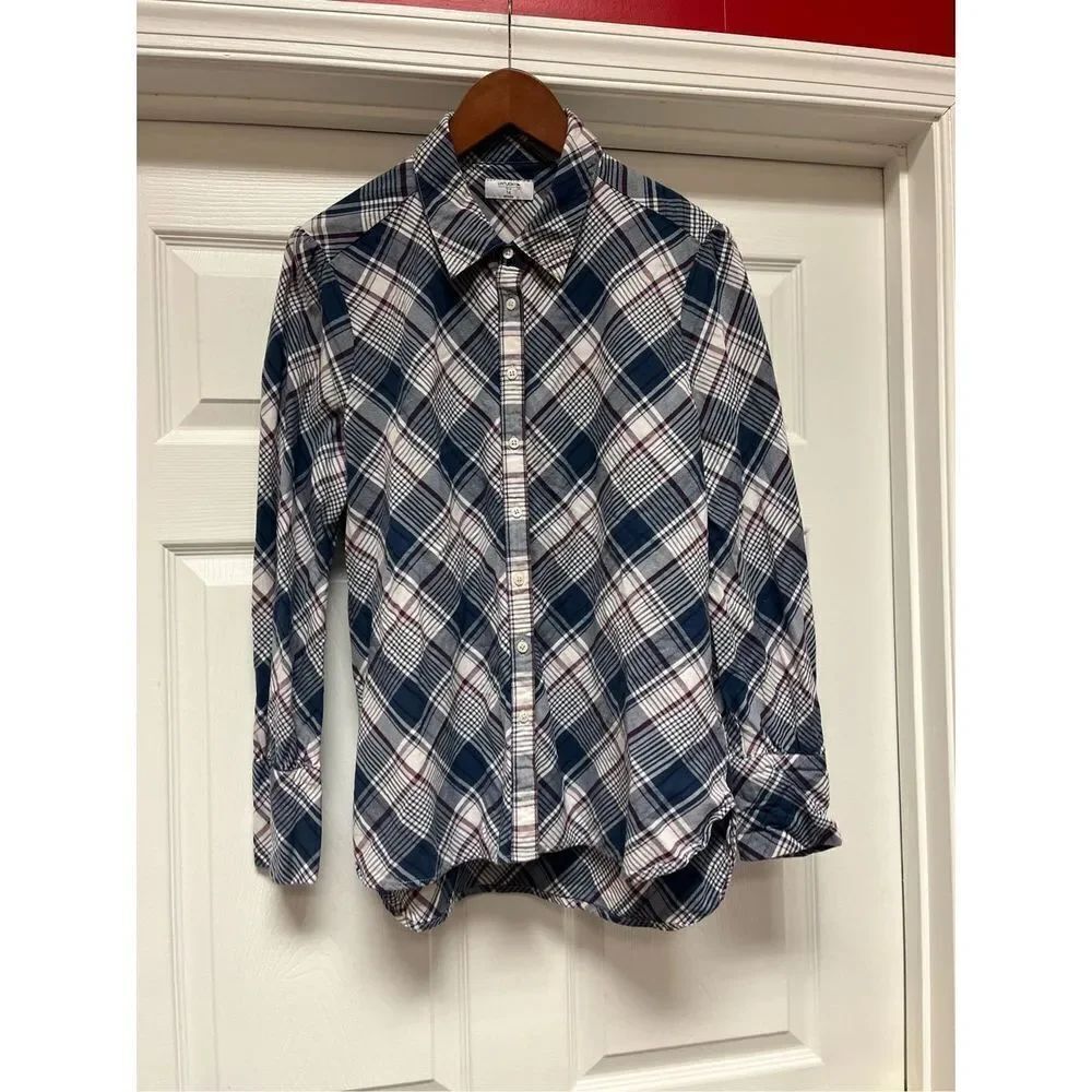 UNTUCKit Sarah Blue White Red Plaid Button Up Tunic Top sz 14 EUC